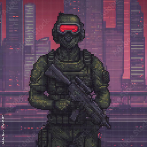 Pixel art soldier with rifle in urban setting