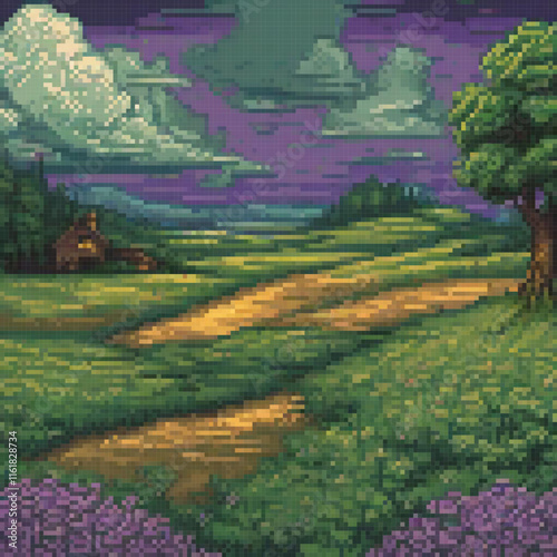 Pixel art cross stitch pattern featuring a serene field with a quaint house in the background.