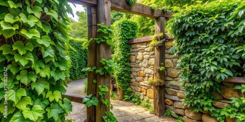 A corner of a garden with lush green leaves and vines wrapped around wooden corner posts and stone walls photo