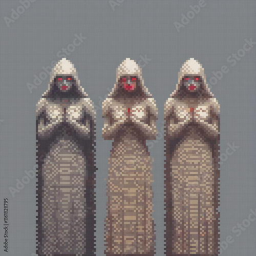 Egyptian statues in pixel art with red eyes and hooded cloaks.