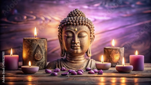 serene face of Buddha surrounded by soft light and amethyst candles on an ancient wooden altar, candlelight ambiance, spiritual ritual photo