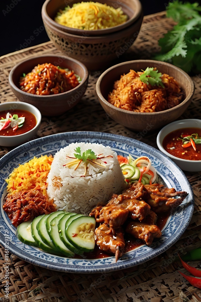 Traditional nasi campur, a mix of rice, satay, vegetables, and sambal, with intricate 3D-rendered textures. Traditional nasi campur, a mix of rice, satay, vegetables, and sambal, with intricate 3D-rendered textures.