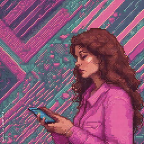 Pixely styled lady in pink, phone in hand, captivating.