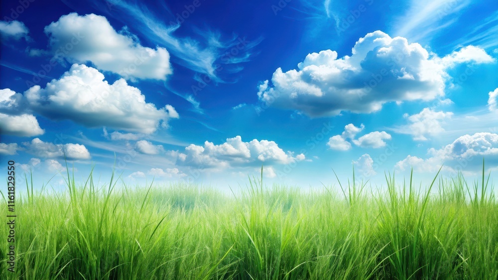 A serene and peaceful background of seamless grass silhouette against a clear blue sky with fluffy white clouds , outdoor A serene and peaceful background of seamless grass silhouette against a clear blue sky with fluffy white clouds , outdoor