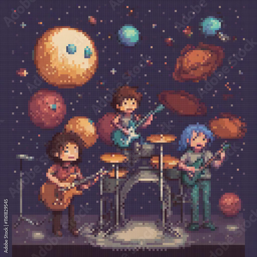 Pixel art depicting musicians performing in an interstellar setting.