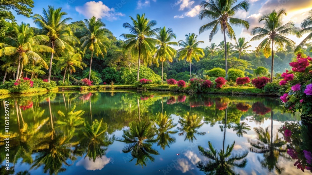 Palm trees reflected in the calm lake water, surrounded by lush greenery and vibrant tropical flowers at Bali Indonesia , palm trees reflected, lake view Palm trees reflected in the calm lake water, surrounded by lush greenery and vibrant tropical flowers at Bali Indonesia , palm trees reflected, lake view