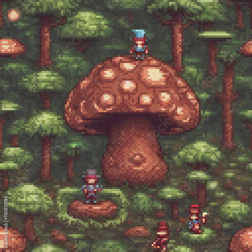 Pixel art of a mushroom amidst a lush forest scene.