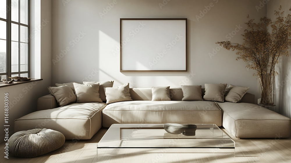 Fototapeta premium Sunlit living room with beige sectional sofa, glass coffee table, and large blank frame.