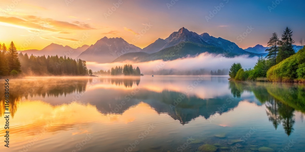 Fototapeta premium serene alpine lake at sunrise with misty mountains surrounding it
