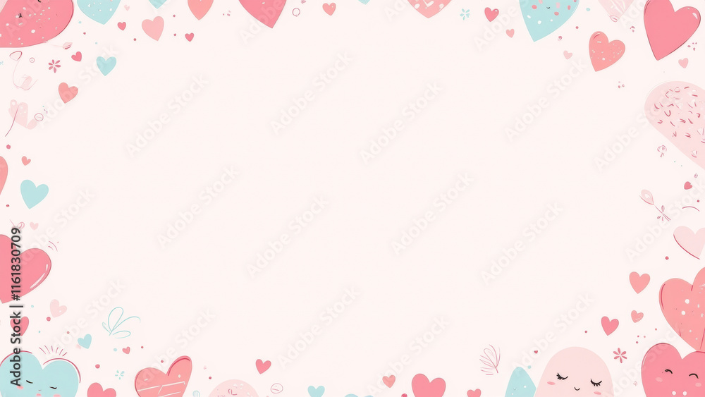 Illustration of a pastel flat lay love background with hearts and playful doodles in a cute style. Illustration of a pastel flat lay love background with hearts and playful doodles in a cute style.