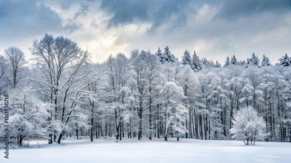 Snowy forest with bare trees against a grey sky, cold weather Snowy forest with bare trees against a grey sky, cold weather