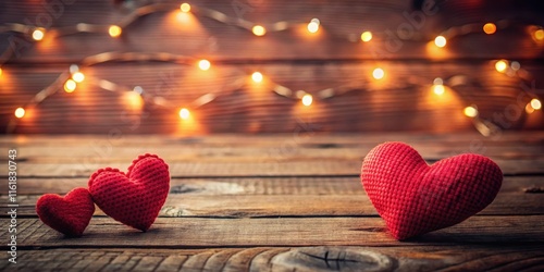 Cozy evening with red hearts on wooden table background, home decor, natural texture,  home decor