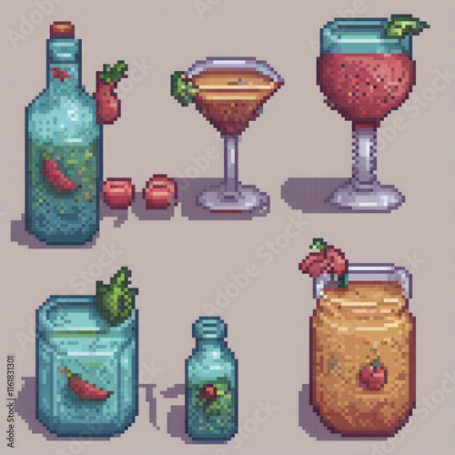 Pixel art showcasing a variety of drinks in a vintage style