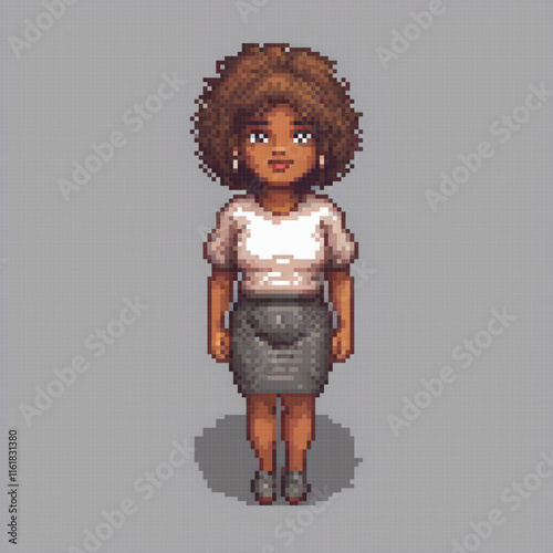 Cute pixel art of a woman in a stylish white shirt and gray skirt.