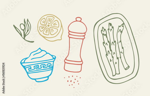 Minimalist vector illustration featuring a lemon slice, pepper grinder, asparagus, sour cream bowl, and herbs. Perfect for culinary and healthy food-themed designs