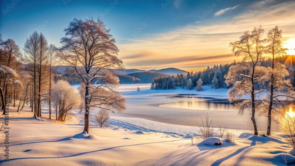Snowy forest landscape with bare trees under soft evening spring light, frozen lakes and snow-covered hills in the background Snowy forest landscape with bare trees under soft evening spring light, frozen lakes and snow-covered hills in the background