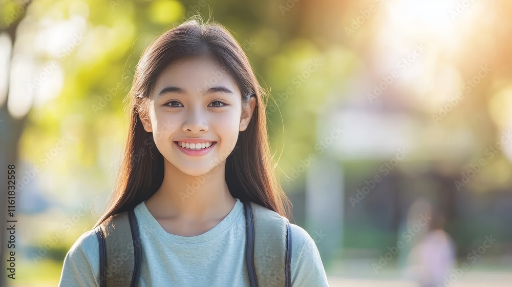 Happy Young Asian Girl Smiling with School Backpack in Close-up Shot, Natural Light Background. Happy Young Asian Girl Smiling with School Backpack in Close-up Shot, Natural Light Background.