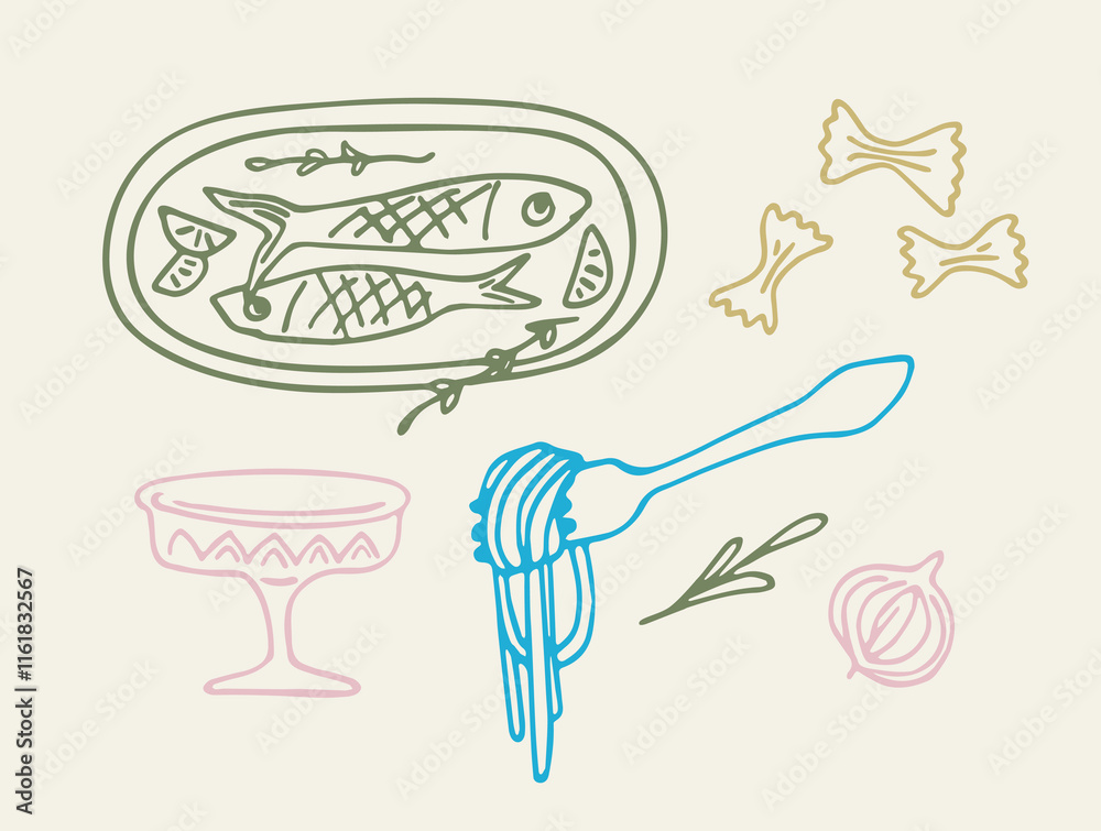 Obraz premium Minimalist vector illustration featuring a fish on a platter, a fork with pasta, bowtie pasta, an herb sprig, an onion, and a decorative stand. Ideal for culinary designs