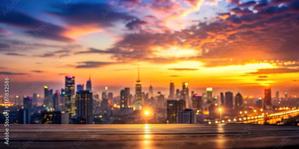 Fototapeta premium Softly glowing sunset with blurred cityscape background in the distance , sunset, urban landscape