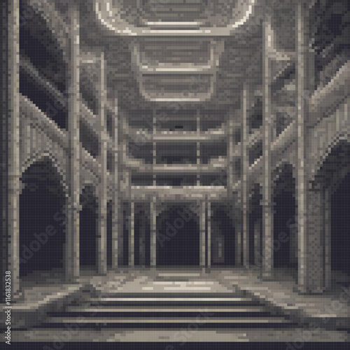 Pixel art hallway photo, black and white, classic style.