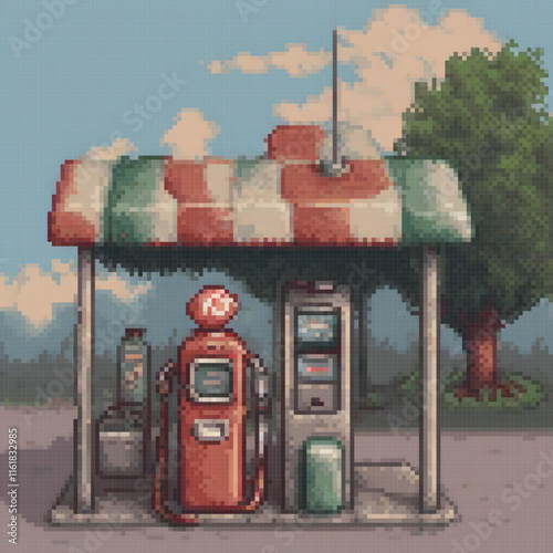 Retro gas station with classic red and white checkered roof, perfect for pixel art enthusiasts.