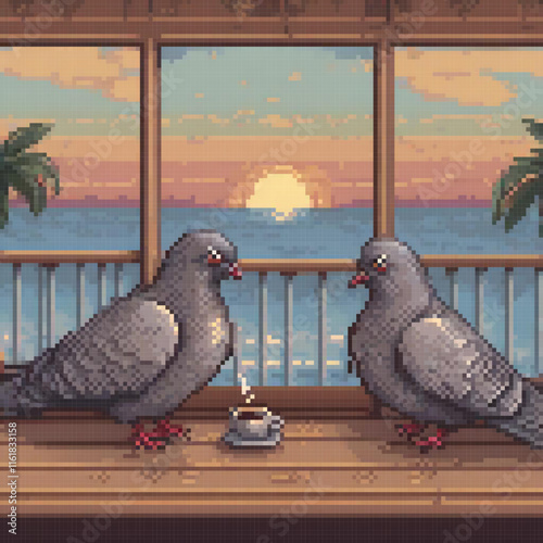 Pixel art of two pigeons perched on a balcony with a serene ocean view.