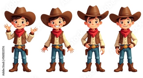 Charming Cowboy Character Illustrations Set with Various Poses and Expressions for Children's Themes
