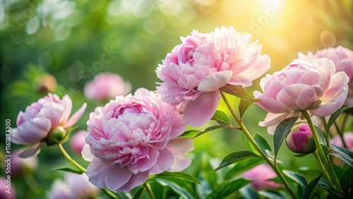 Fototapeta Naklejka Na Ścianę i Meble -  Soft pink peonies against a lush greenery background, with delicate petals unfolding , blossoms, summer