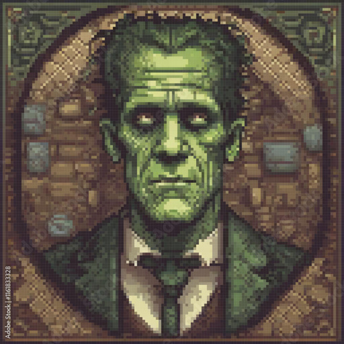 Cross stitch pattern of Frankensteins monster in pixel art style.