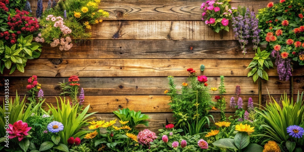 Fototapeta premium Blooming garden flowers amidst wooden planks in a rustic outdoor setting, foliage, botanical, foliage, botanical, trees
