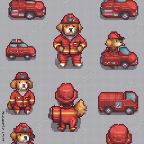 Pixel art depicting a heroic fireman and his loyal canine companion.