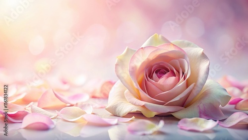 Softly unfolding rose petals against a gradient abstract background in pastel hues , serene, unfolded,  serene, unfolded, hued