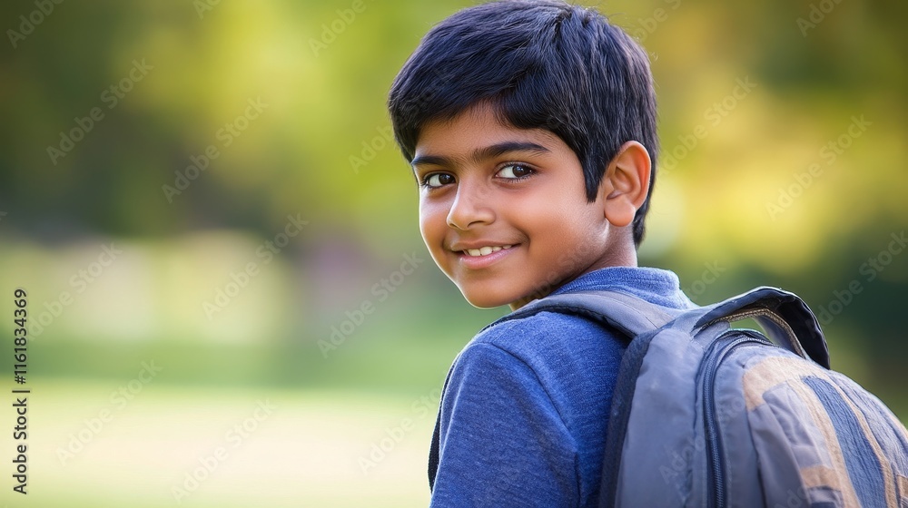 Happy South Asian Boy Looking Over Shoulder with Backpack in Park, Copy Space Available Happy South Asian Boy Looking Over Shoulder with Backpack in Park, Copy Space Available