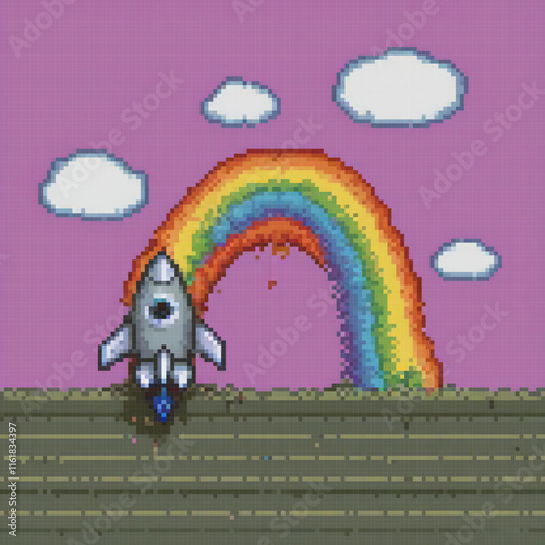 Pixel art rocket soaring with a vibrant rainbow sky. photo