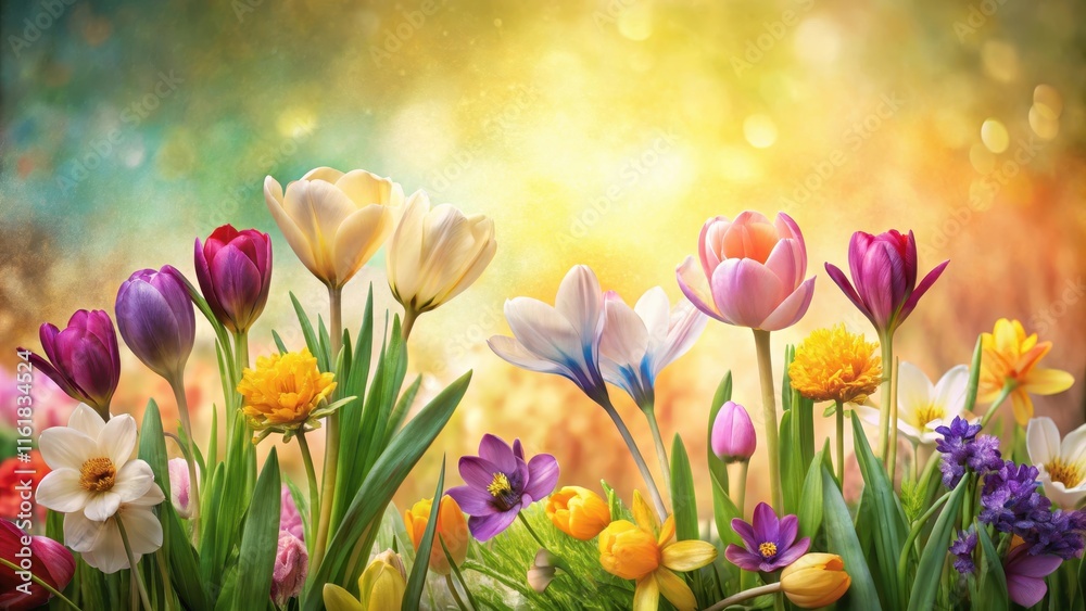 Colorful spring flowers on textured paper background with soft focus and warm lighting, botanical illustrations, natural beauty Colorful spring flowers on textured paper background with soft focus and warm lighting, botanical illustrations, natural beauty