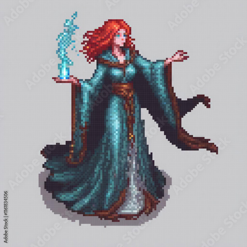 A vintage pixel art of a woman in a blue dress with a mystical crystal ball.