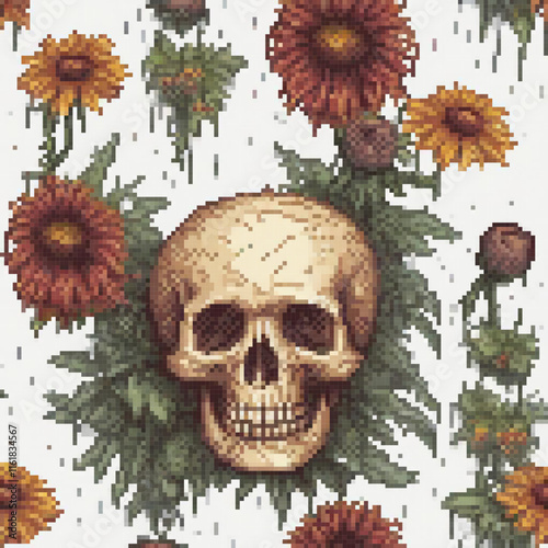 Pixel art cross stitch skull with sunflowers