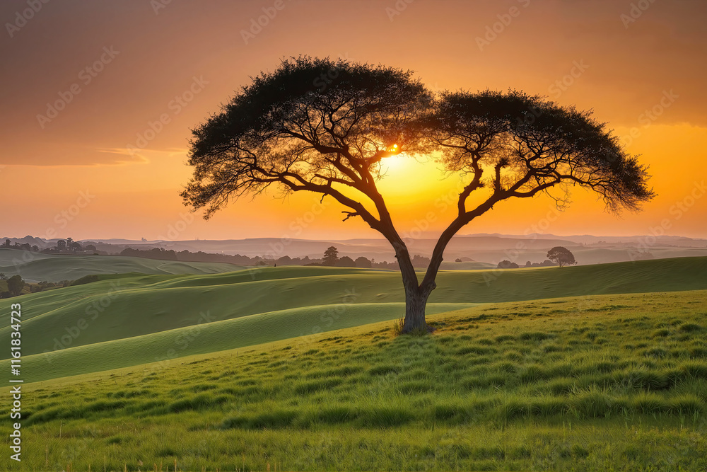Serene Lone Tree Silhouette Against Dramatic Sunset Over Rolling Hills With Heart-Shaped Sun Glow Serene Lone Tree Silhouette Against Dramatic Sunset Over Rolling Hills With Heart-Shaped Sun Glow