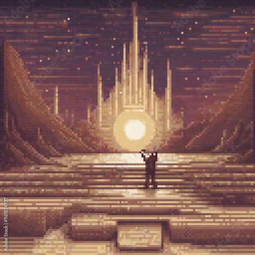 Pixel art of a man on stage with a microphone, ready to perform.