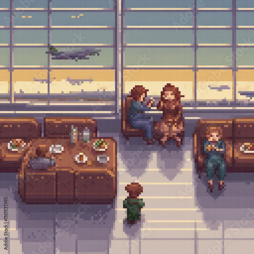 Pixel art depicts friends chatting at an airport table.