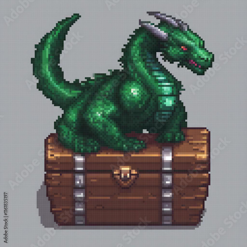 Vintage green dragon perched on a treasure chest, pixel art style.