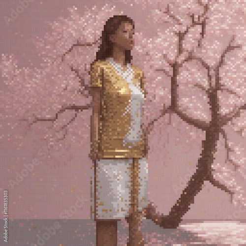 Pixel art of a woman in a blooming pink floral setting