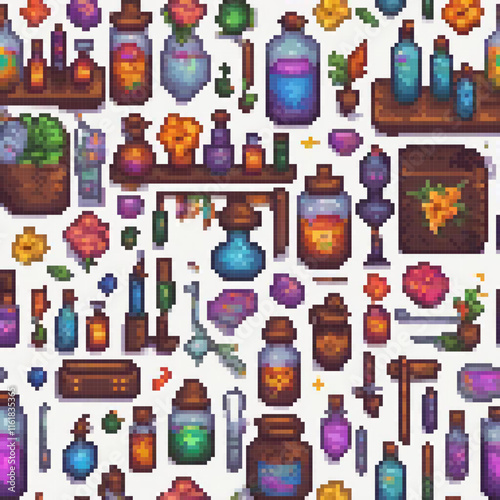 Pixel art showcasing diverse potions on a pristine white backdrop.