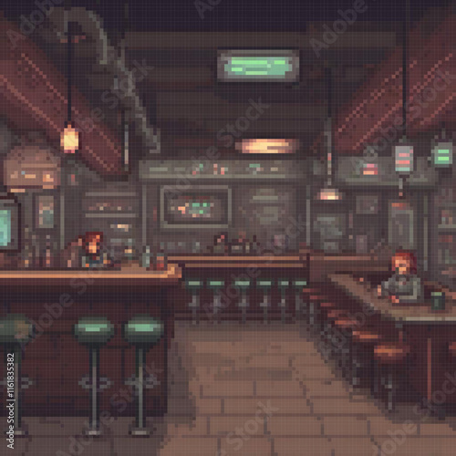 Pixel art depicting a lively bar scene with patrons enjoying their time.