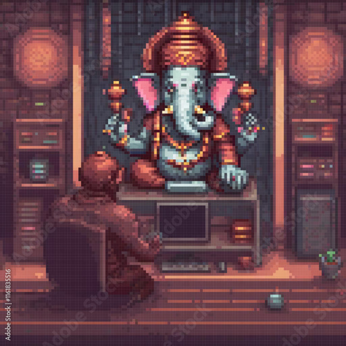 Pixel art depicting a man and an elephant in a cozy room setting.