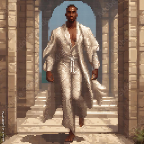 Pixel art depicts a man in a white robe traversing an archway.