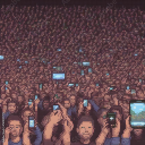 Pixel art showcasing a bustling crowd capturing memories with their smartphones.
