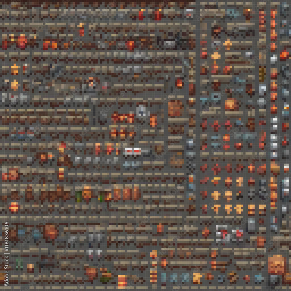 Pixel art city map with diverse buildings Pixel art city map with diverse buildings