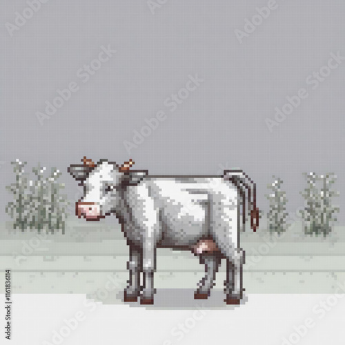 Pixel art cow in a lush field