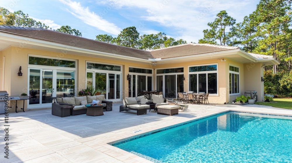 Fototapeta premium A home with a spacious patio, outdoor seating, and a pool, perfect for summer gatherings.